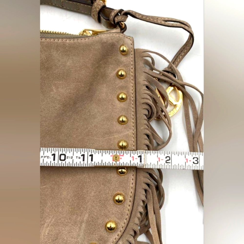 Michael Kors MK Designer Boho Tan Suede Hobo Bag with Fringe and Studded Purse - Picture 10 of 10